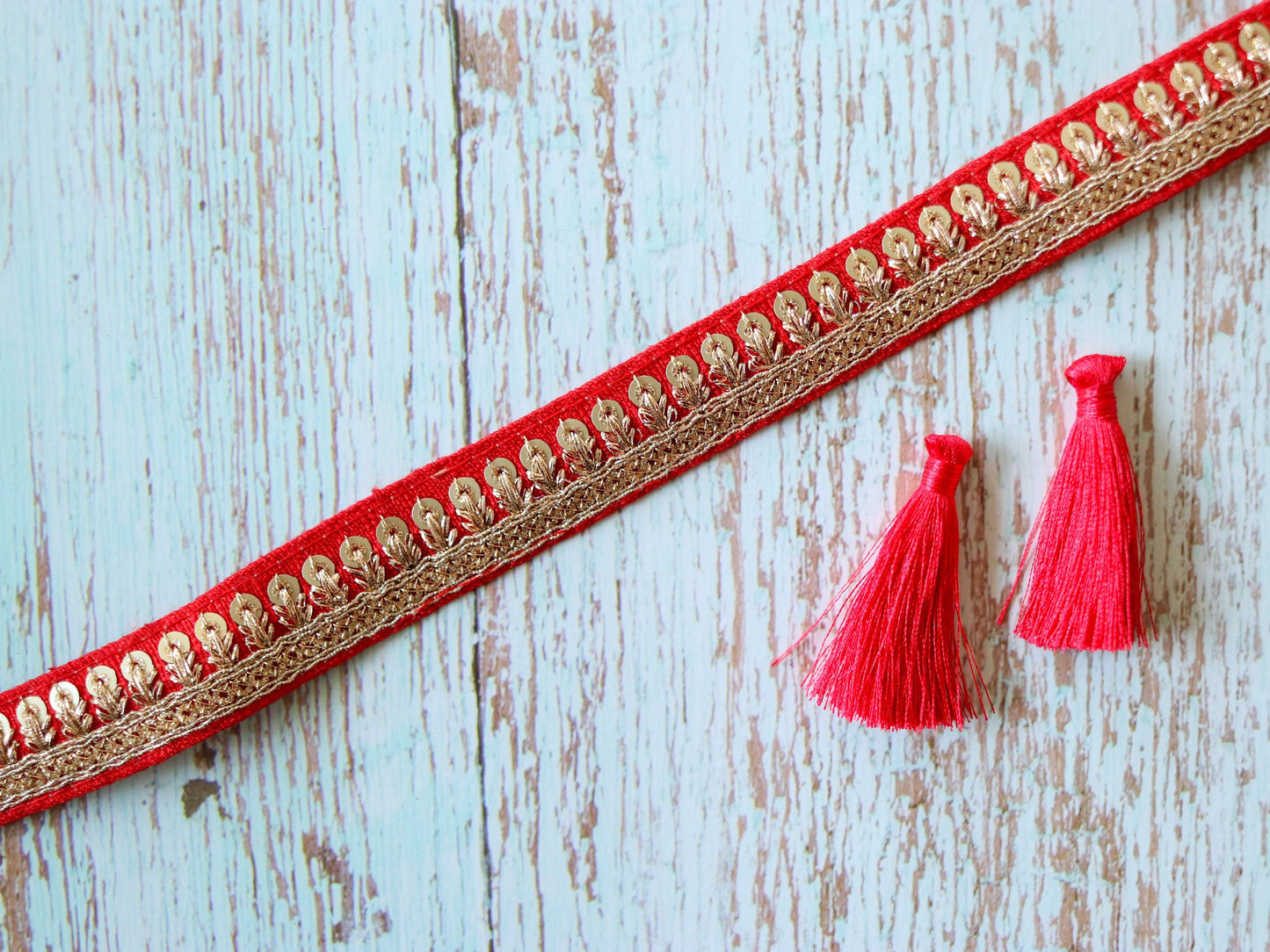 Red Gold Thin Sequin Trim,Embroidered Indian Border,Red Gold Floral Lace,Red Saree Border,Price for 2 mtrs