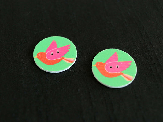 Pink Parrot Printed Wooden Button,Digital Print Bird Button Charm,Green Pink Bird Print Button,Sherwani Kurta Button,2 pcs