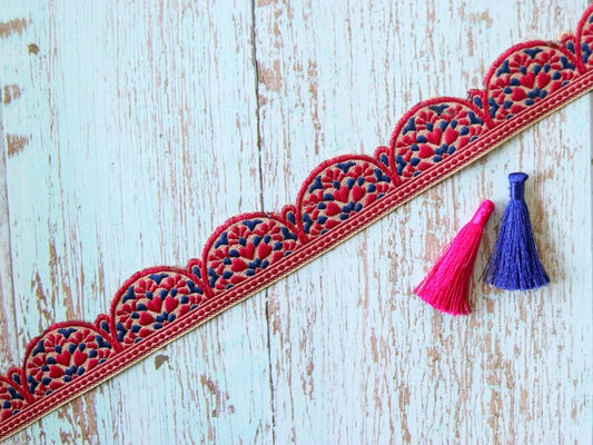Red Blue Floral Scallop Trim,Jacquard Floral Border,Indian Fabric Lace,Blue Scallop Saree Border,Price/mtr