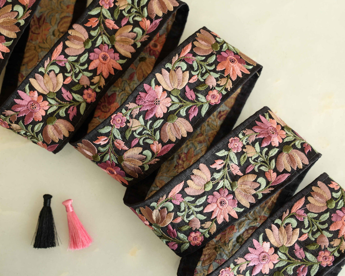 Black Pink Floral Embroidered Trim,Indian Fabric Embroidered Border,Black Floral Lace,Parsi Embroidery Border,Black Saree Border,Price/mtr