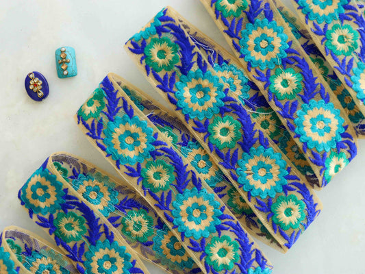 Blue Green Floral Embroidered Trim,Blue Floral Border,Blue Green Net Lace,Indian Fabric Trim,Floral Saree Border,Price/mtr