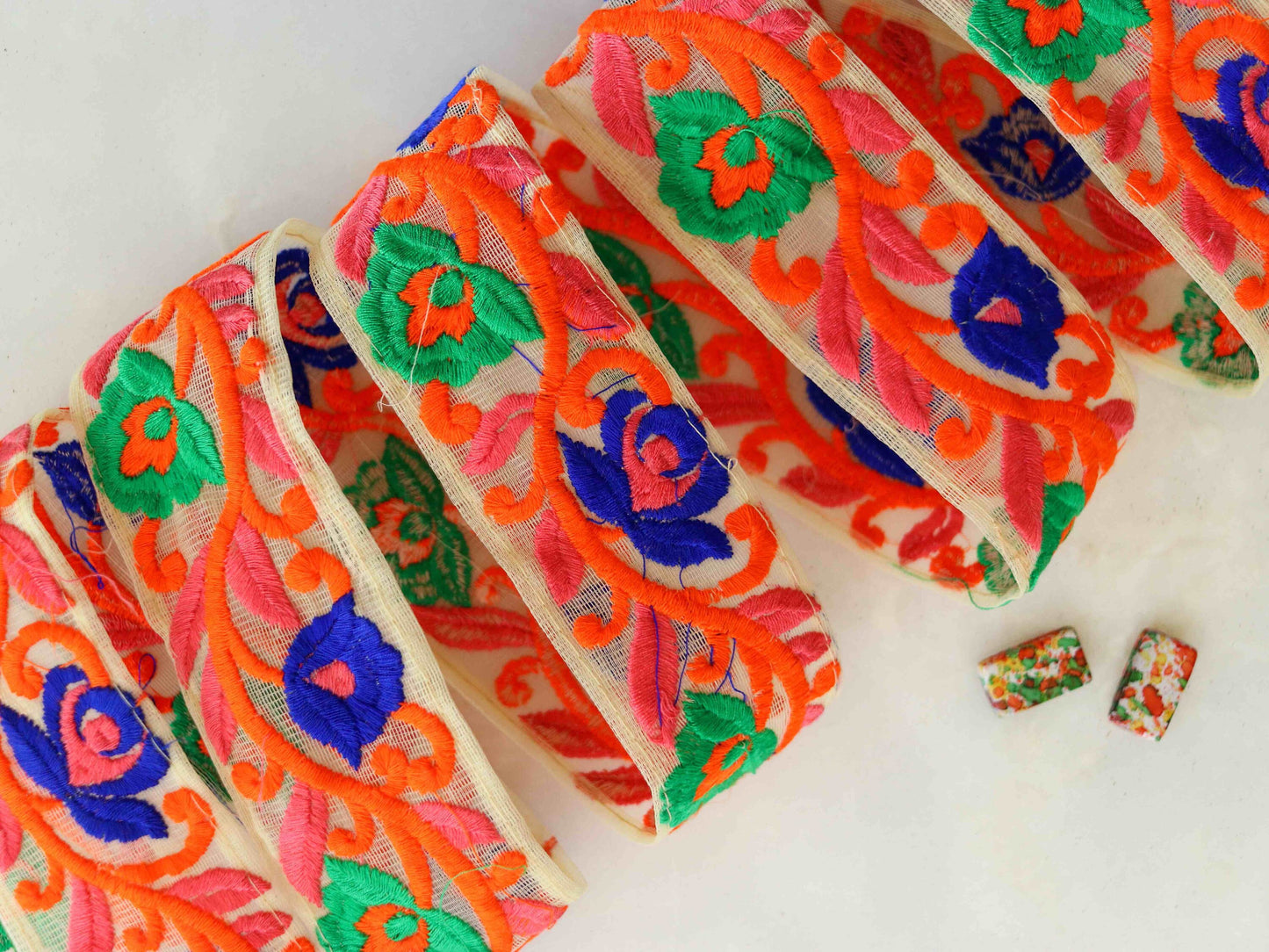 Orange Blue Floral Embroidered Trim,Orange Floral Border,Orange Blue Net Lace,Indian Fabric Trim,Floral Saree Border,Price/mtr