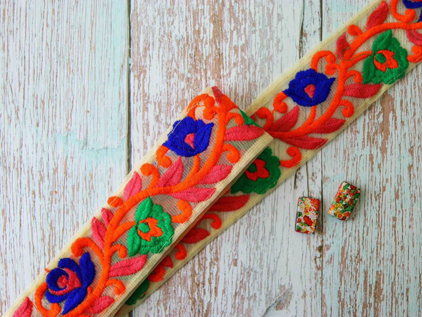 Orange Blue Floral Embroidered Trim,Orange Floral Border,Orange Blue Net Lace,Indian Fabric Trim,Floral Saree Border,Price/mtr