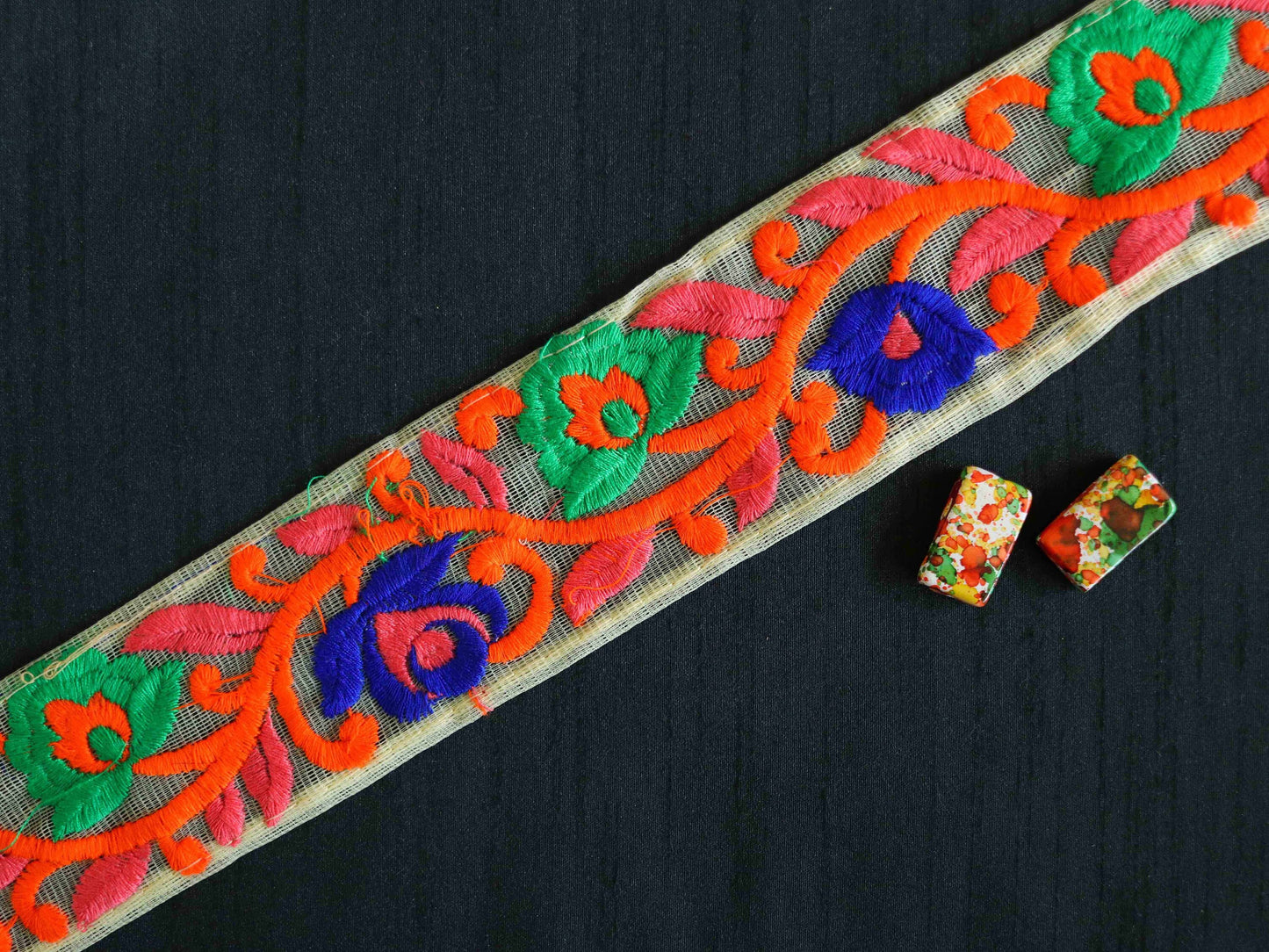 Orange Blue Floral Embroidered Trim,Orange Floral Border,Orange Blue Net Lace,Indian Fabric Trim,Floral Saree Border,Price/mtr