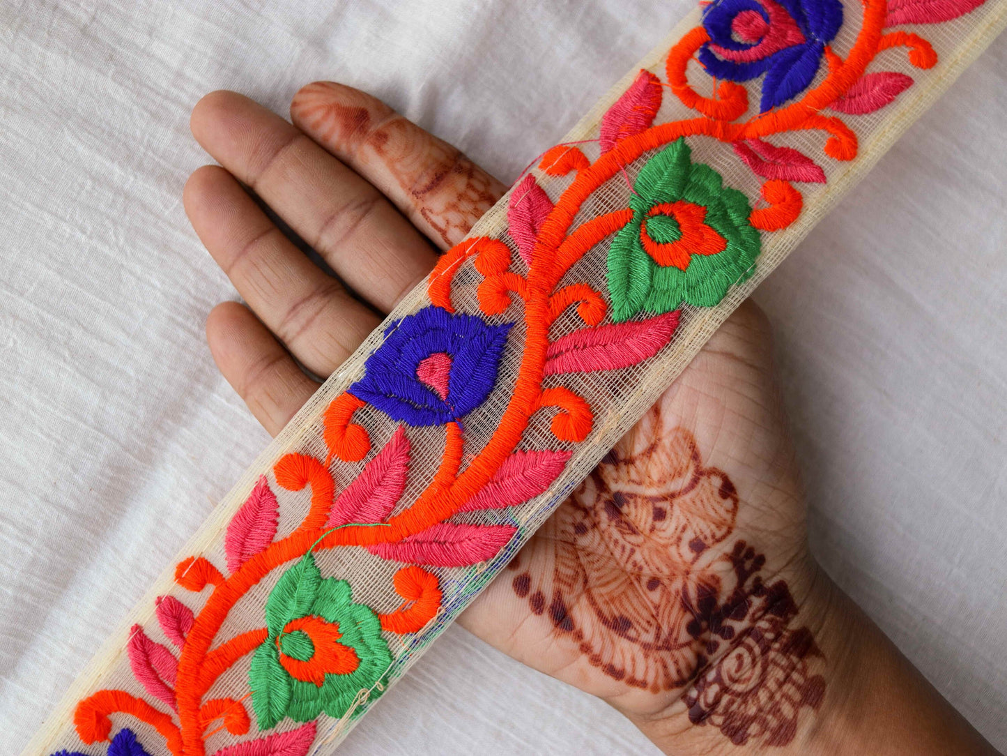 Orange Blue Floral Embroidered Trim,Orange Floral Border,Orange Blue Net Lace,Indian Fabric Trim,Floral Saree Border,Price/mtr