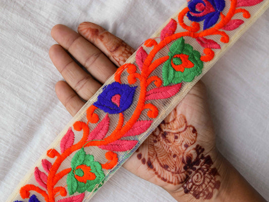 Orange Blue Floral Embroidered Trim,Orange Floral Border,Orange Blue Net Lace,Indian Fabric Trim,Floral Saree Border,Price/mtr