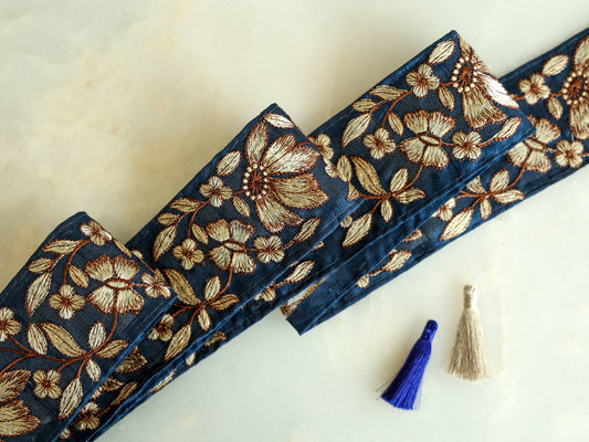 Blue Beige Floral Embroidered Trim,Vintage Blue Floral Border,Blue Floral Lace,Indian Fabric Trim,Floral Saree Border,Price/mtr