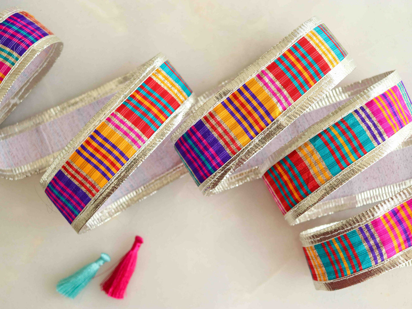 Multicolour Silver Gold Stripe Trim,Rainbow Festive Printed Border,Boho Pride Designer Bridal Lace,Stripe Gota Saree Border,Price/mtr
