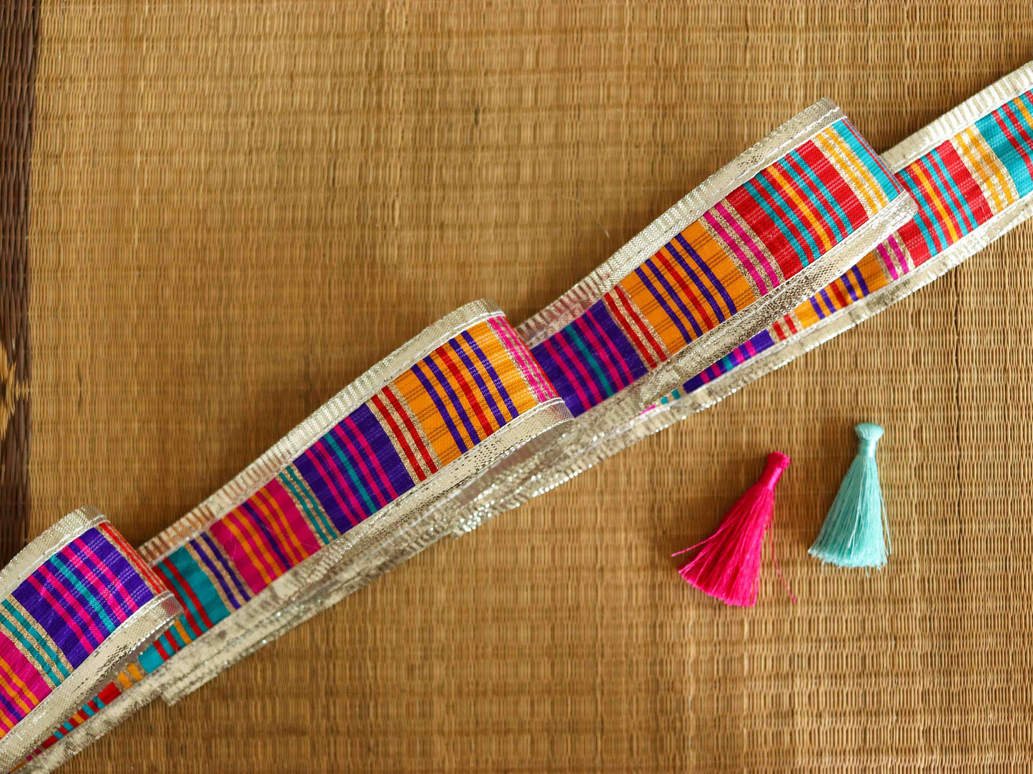 Multicolour Silver Gold Stripe Trim,Rainbow Festive Printed Border,Boho Pride Designer Bridal Lace,Stripe Gota Saree Border,Price/mtr