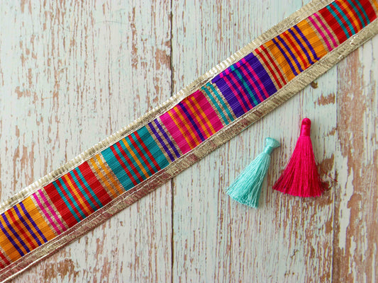 Multicolour Silver Gold Stripe Trim,Rainbow Festive Printed Border,Boho Pride Designer Bridal Lace,Stripe Gota Saree Border,Price/mtr