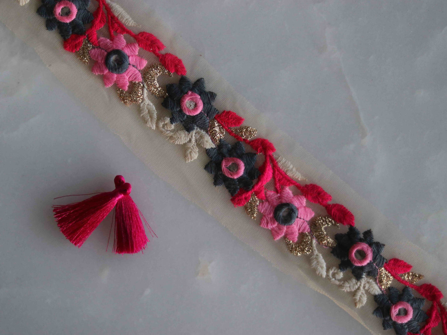 Pink Grey Floral Embroidered Trim,Pink Floral Net Border,Pink Mirror Sequin Net Lace,Indian Fabric Trim,Floral Saree Border,Price/mtr