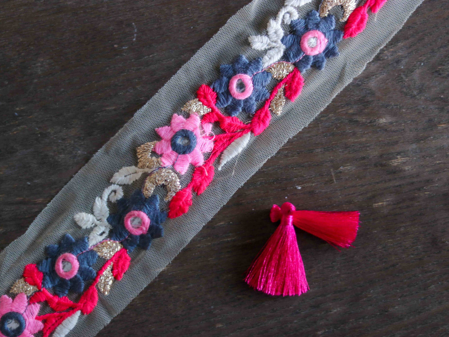 Pink Grey Floral Embroidered Trim,Pink Floral Net Border,Pink Mirror Sequin Net Lace,Indian Fabric Trim,Floral Saree Border,Price/mtr