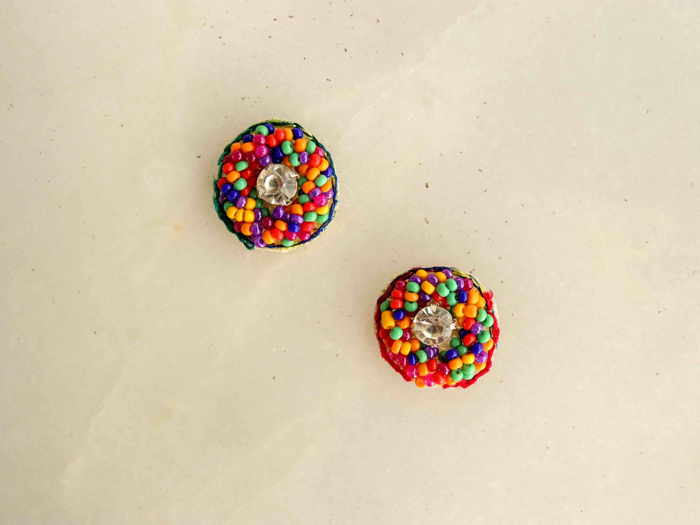 Multicolour Beaded Round Buttons,Handmade Colourful Bead Charms,Red Green Yellow Charm,Rainbow Seed Bead Buttons,2 pcs