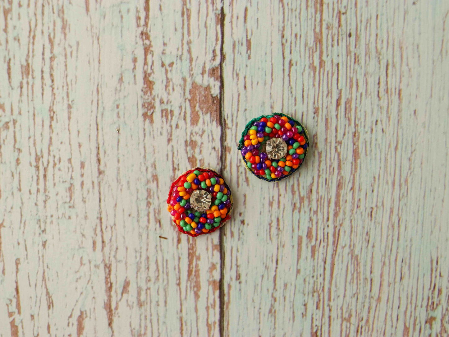 Multicolour Beaded Round Buttons,Handmade Colourful Bead Charms,Red Green Yellow Charm,Rainbow Seed Bead Buttons,2 pcs