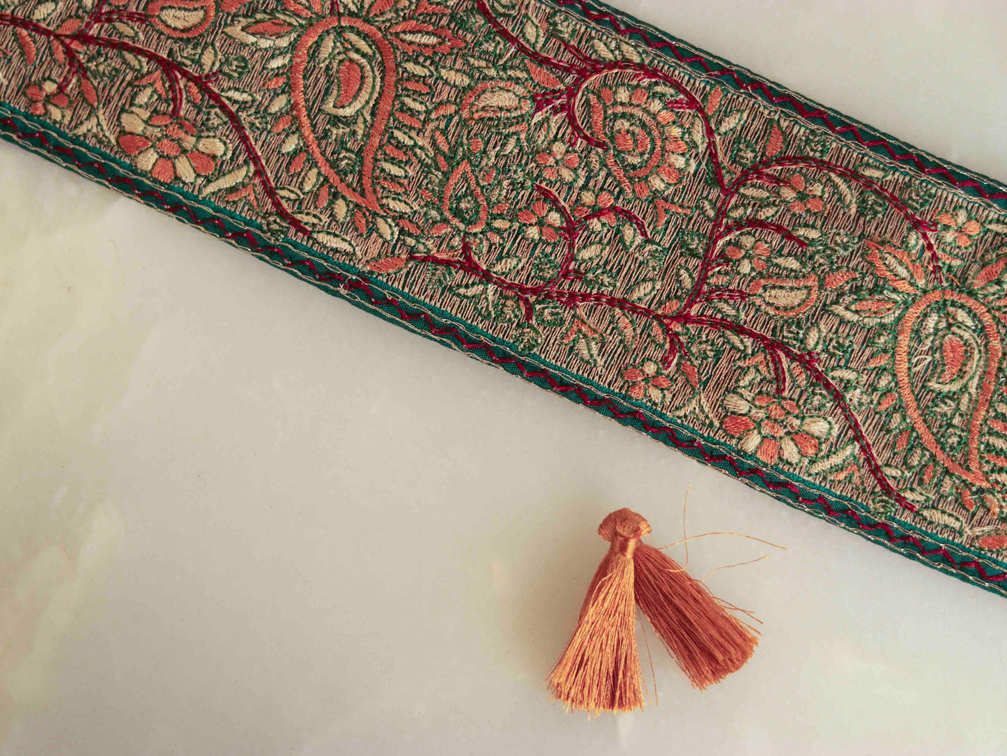 Green Red Floral Embroidered Trim,Indian Fabric Embroidered Border,Green Red Floral Lace,Parsi Embroidery Saree Border,Price/mt