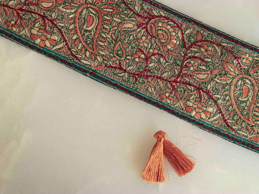 Green Red Floral Embroidered Trim,Indian Fabric Embroidered Border,Green Red Floral Lace,Parsi Embroidery Saree Border,Price/mt