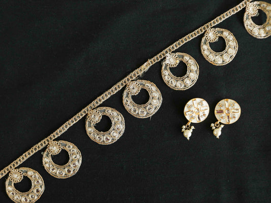 Gold Sequin Cutwork Embroidered Trim,Round Jhumka Jewellery Cutwork Border,Indian Fabric Lace,Cutwork Saree Border,Price/mtr
