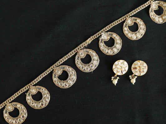 Gold Sequin Cutwork Embroidered Trim,Round Jhumka Jewellery Cutwork Border,Indian Fabric Lace,Cutwork Saree Border,Price/mtr