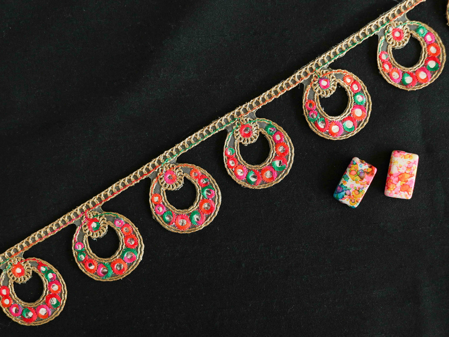 Colourful Sequin Cutwork Embroidered Trim,Round Jhumka Jewellery Cutwork Border,Indian Fabric Lace,Cutwork Saree Border,Price/mtr