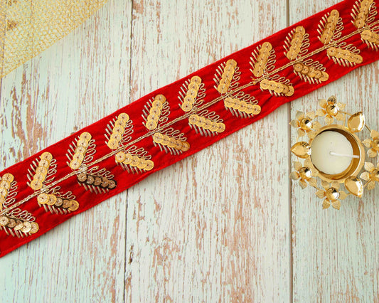 Red Gold Velvet Floral Trim,Indian Embroidered Border,Red Gold Floral Lace,Floral Velvet Saree Border,Red Velvet Border,Price/mtr
