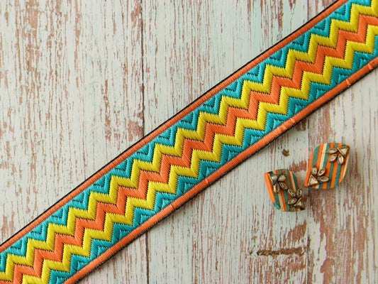 Boho Chevron Geometric Jacquard Trim,Blue Yellow Orange Brocade Border,Indian Brocade Lace,Boho Saree Border,Price/mtr