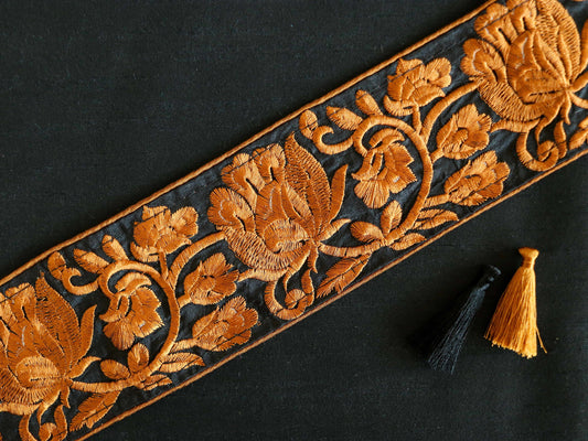 Black Orange Rose Embroidered Trim,Indian Floral Fabric Border,Floral Lace,Parsi Embroidery Border,Floral Saree Border,Price/mtr