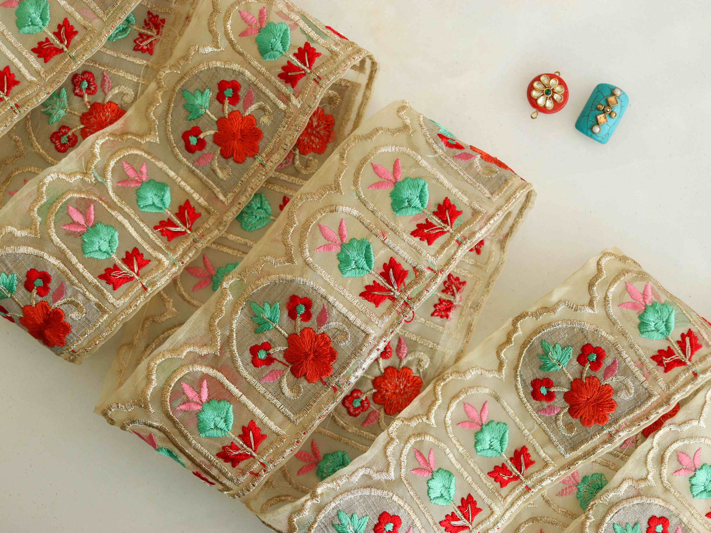 Red Teal Floral Embroidered Trim,Indian Fabric Embroidered Border,Floral Tissue Lace,Parsi Embroidery Border,Floral Saree Border,Price/mtr
