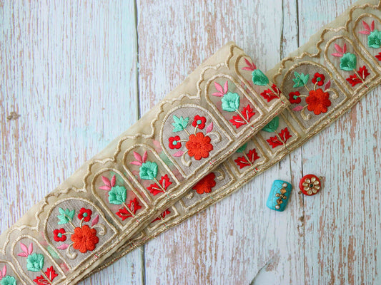 Red Teal Floral Embroidered Trim,Indian Fabric Embroidered Border,Floral Tissue Lace,Parsi Embroidery Border,Floral Saree Border,Price/mtr