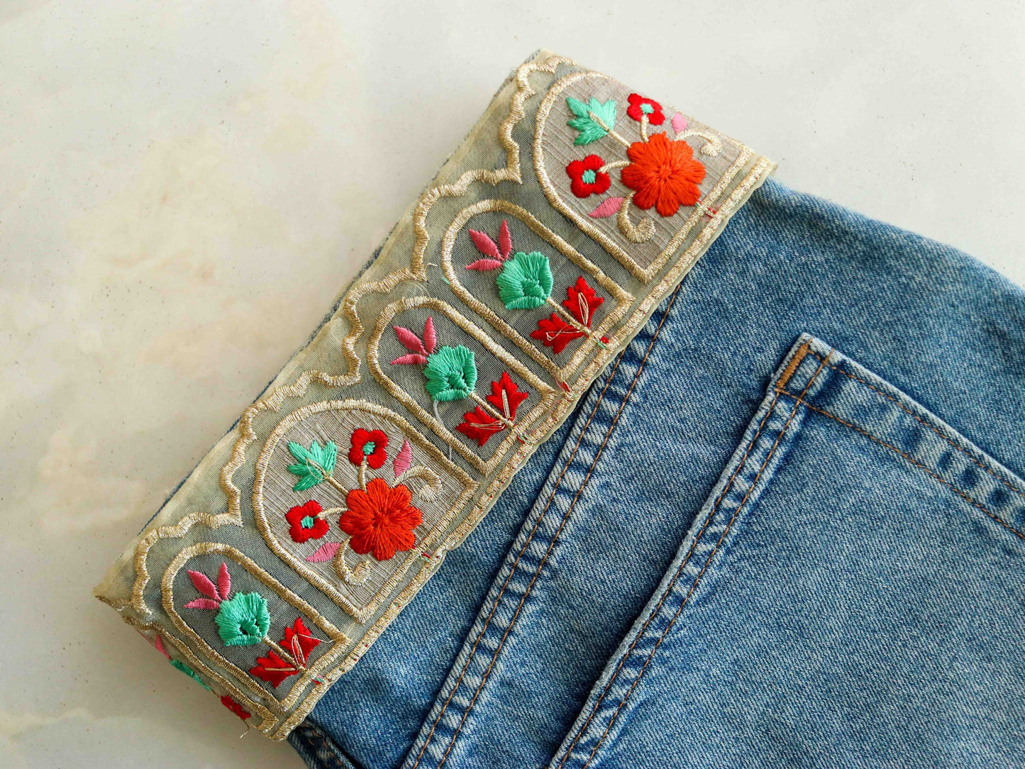 Red Teal Floral Embroidered Trim,Indian Fabric Embroidered Border,Floral Tissue Lace,Parsi Embroidery Border,Floral Saree Border,Price/mtr