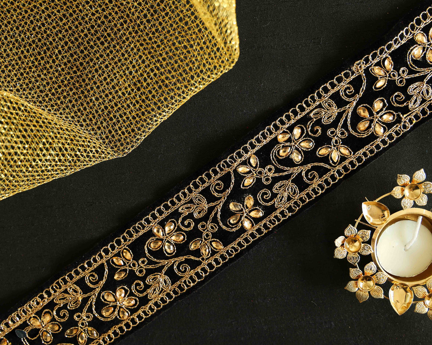 Black Gold Velvet Floral Trim, Indian Embroidered Fabric Border, Black Gold Floral Diamante Lace, Black Saree Border, 75 cm, CL