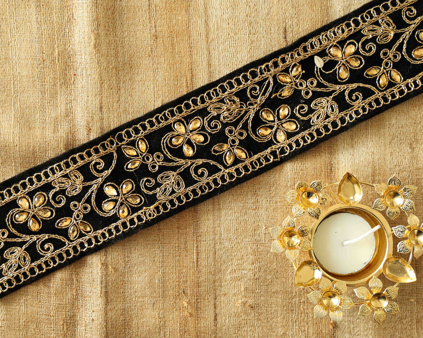 Black Gold Velvet Floral Trim, Indian Embroidered Fabric Border, Black Gold Floral Diamante Lace, Black Saree Border, 75 cm, CL