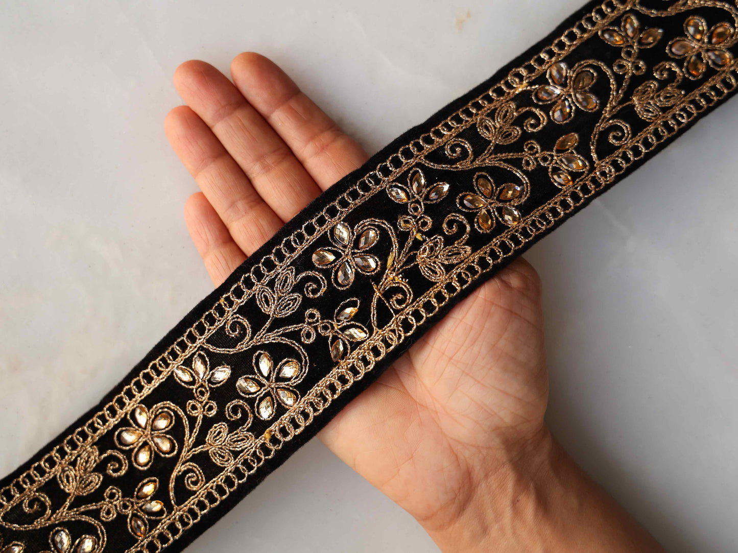 Black Gold Velvet Floral Trim, Indian Embroidered Fabric Border, Black Gold Floral Diamante Lace, Black Saree Border, 75 cm, CL