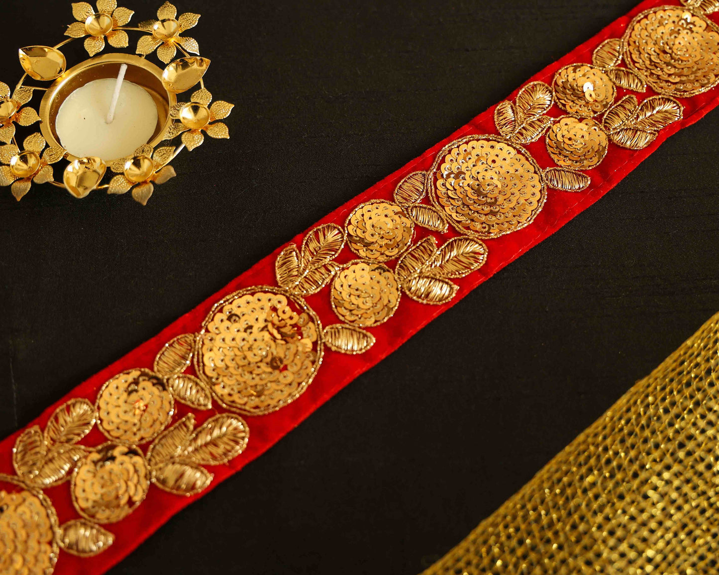 Red Gold Velvet Sequin Trim,Indian Embroidered Fabric Border,Red Gold Floral Sequin Lace,Red Saree Border,Price/mtr