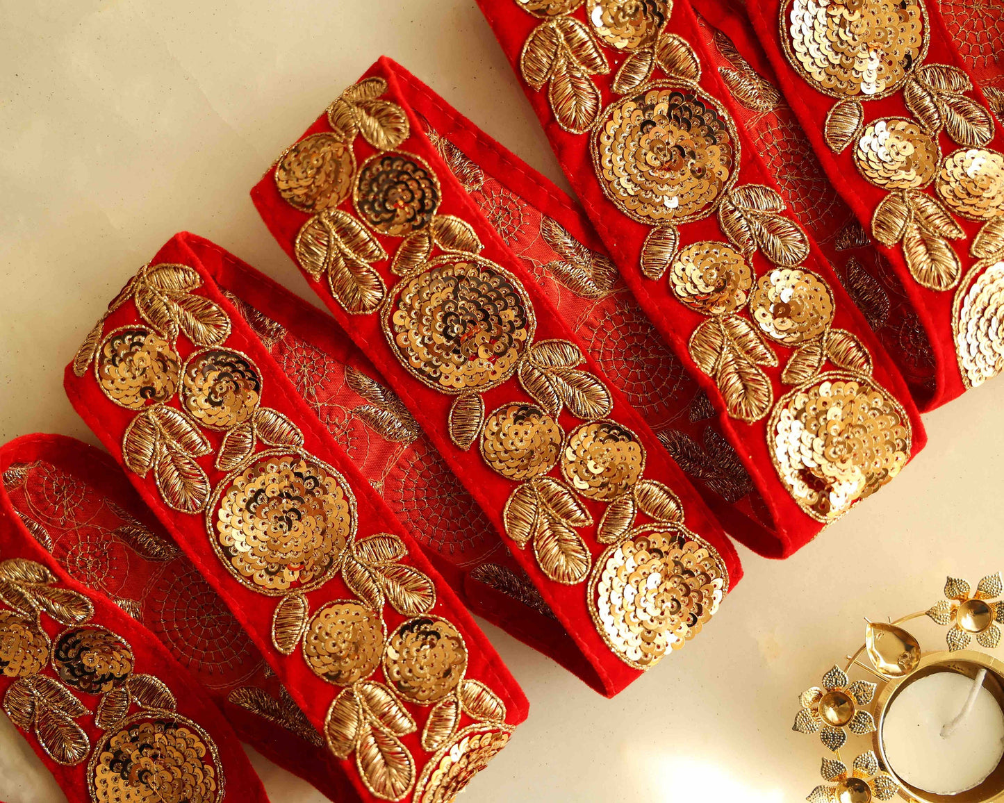 Red Gold Velvet Sequin Trim,Indian Embroidered Fabric Border,Red Gold Floral Sequin Lace,Red Saree Border,Price/mtr