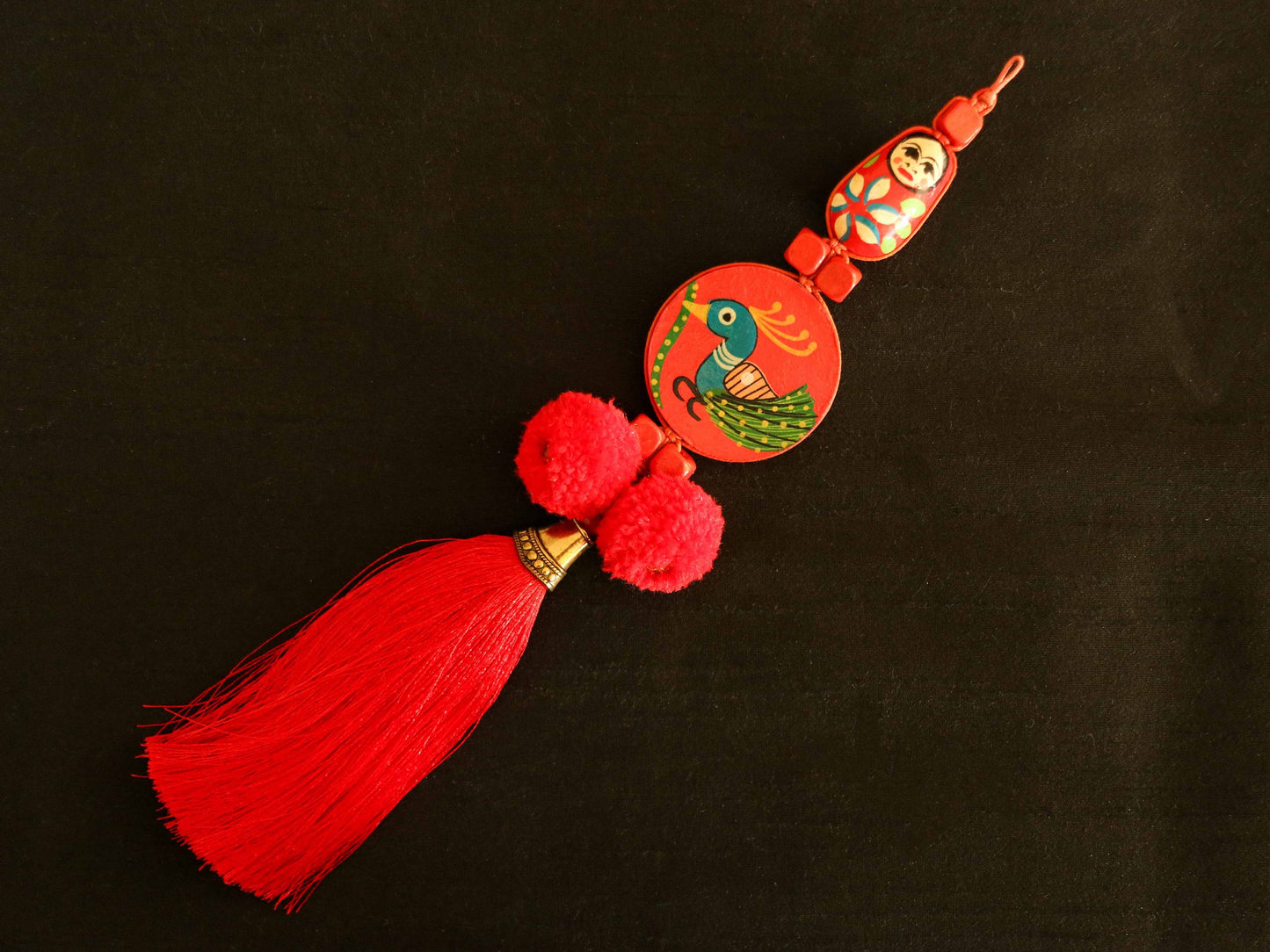 Boho Red Matryoshka Peacock Tassel,Handmade Latkan, Red Pompom Tassel,Quirky Kitschy Indian Tribal Charm,Christmas Tree Supply