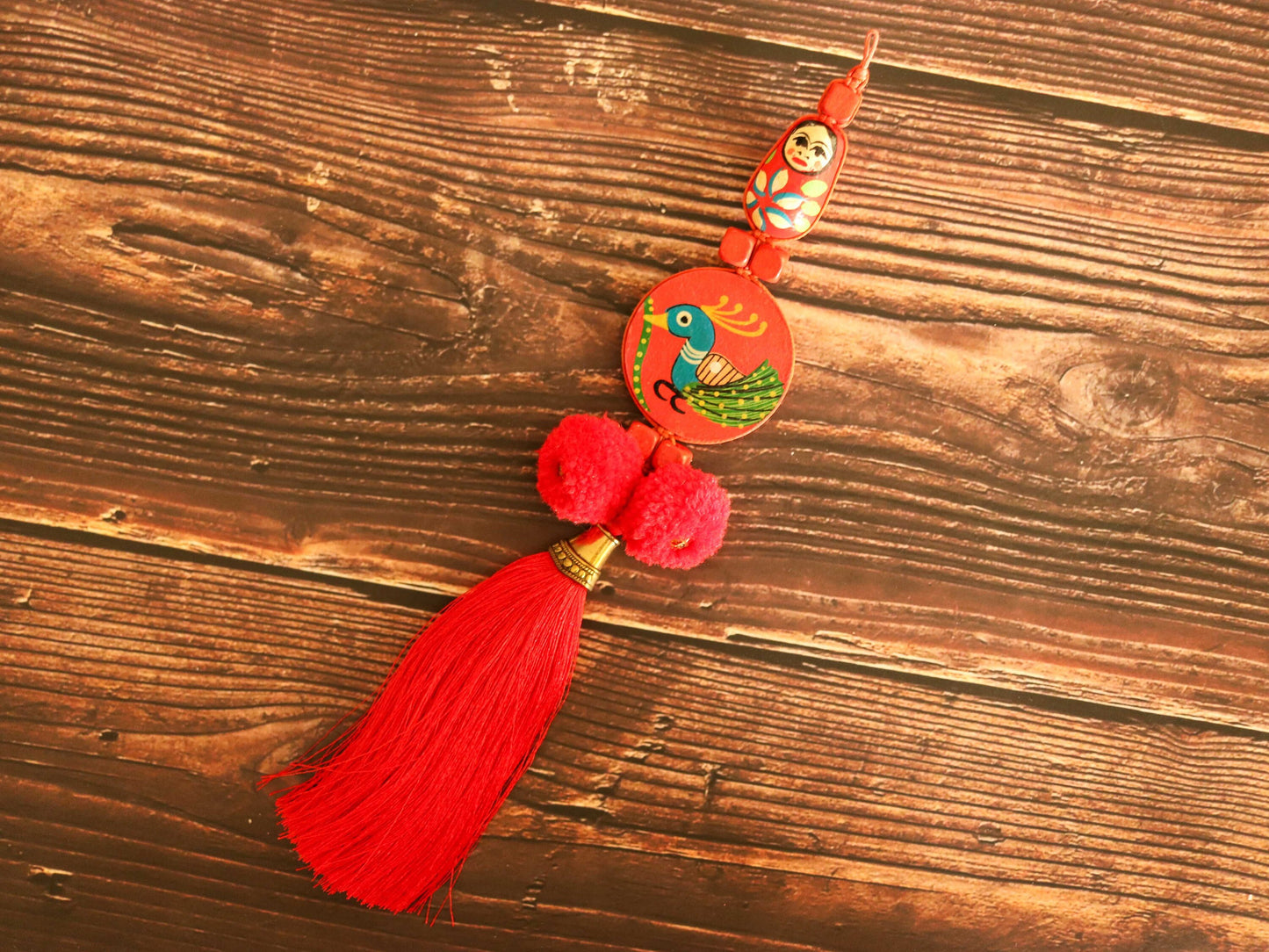 Boho Red Matryoshka Peacock Tassel,Handmade Latkan, Red Pompom Tassel,Quirky Kitschy Indian Tribal Charm,Christmas Tree Supply