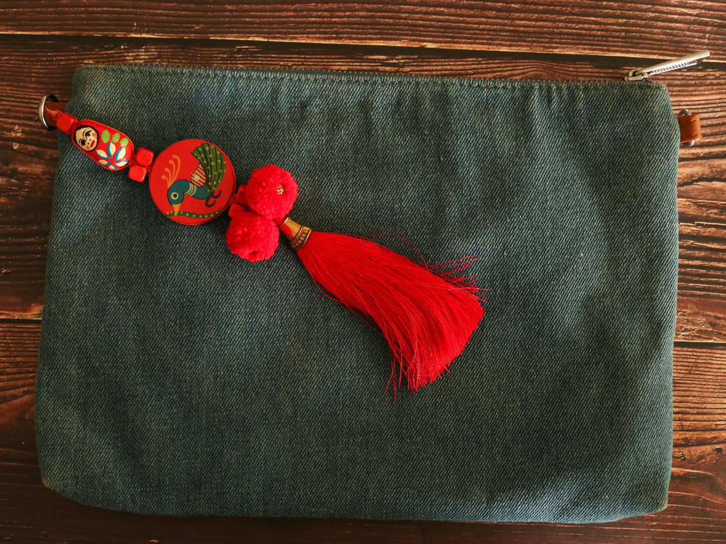 Boho Red Matryoshka Peacock Tassel,Handmade Latkan, Red Pompom Tassel,Quirky Kitschy Indian Tribal Charm,Christmas Tree Supply