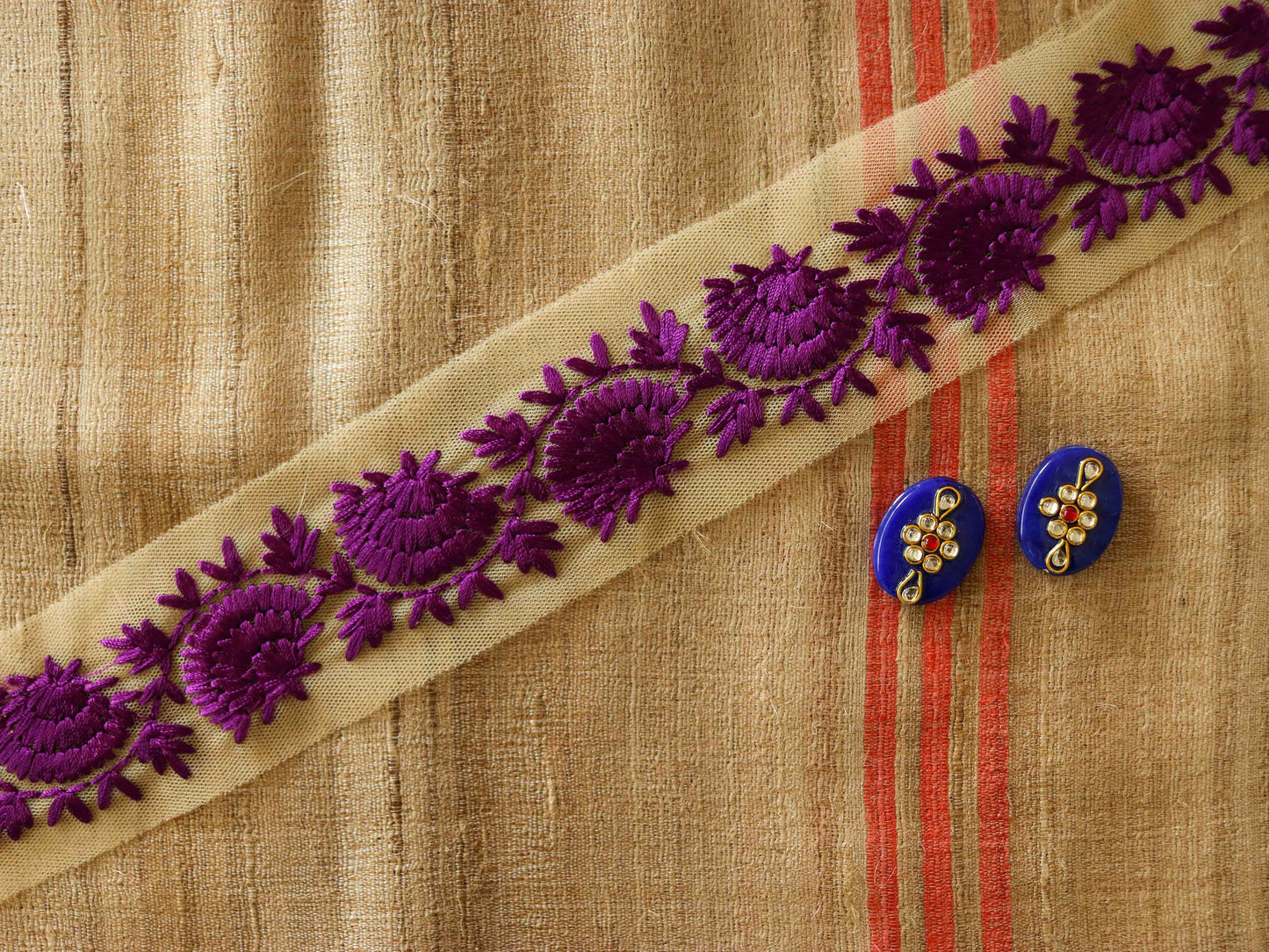 Purple Floral Embroidered Net Trim,Purple Floral Net Border,Purple Floral Lace,Indian Fabric Trim,Saree Border,Price/mtr