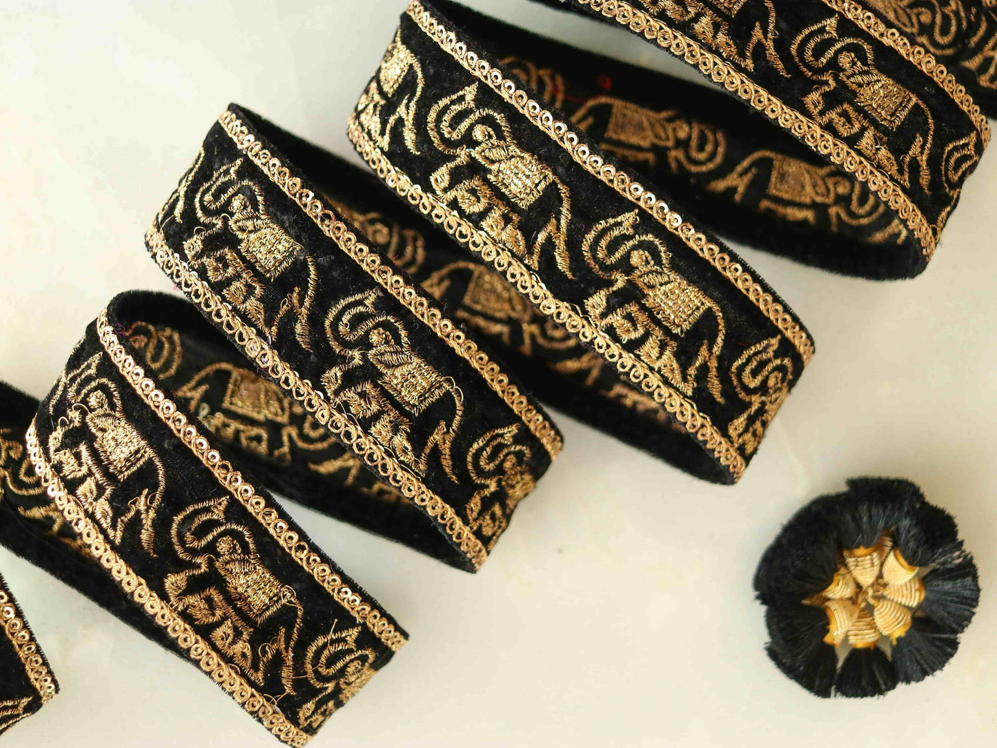 Black Gold Elephant Embroidered Trim,Velvet Elephant Border,Black Gold Embroidery Lace,Boho Trim,Royal Indian Designer Trim,Price/mtr
