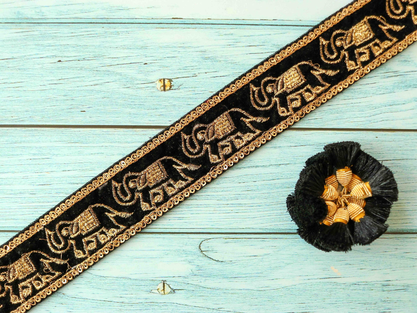 Black Gold Elephant Embroidered Trim,Velvet Elephant Border,Black Gold Embroidery Lace,Boho Trim,Royal Indian Designer Trim,Price/mtr
