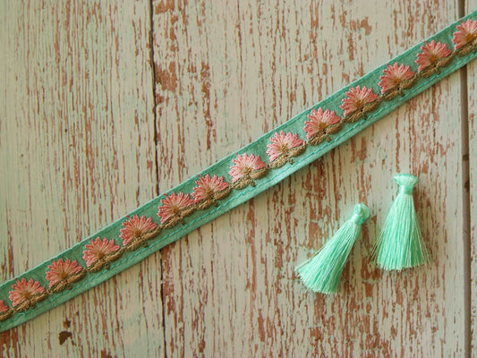 Green Pink Floral Embroidered Trim,Indian Fabric Embroidered Border,Mint Green Floral Lace,Pastel Floral Saree Border,Price/mtr