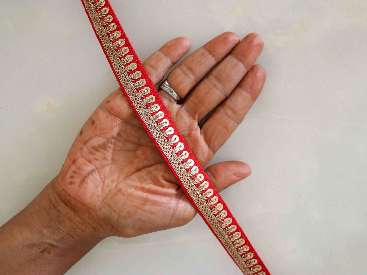 Red Gold Thin Sequin Trim,Embroidered Indian Border,Red Gold Floral Lace,Red Saree Border,Price for 2 mtrs