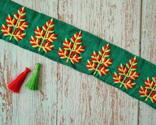 Green Red Christmas Tree Trim,Green Embroidered Border,Green Yellow Red Tree Lace,Christmas Supply,Green Saree Border,Price/mtr