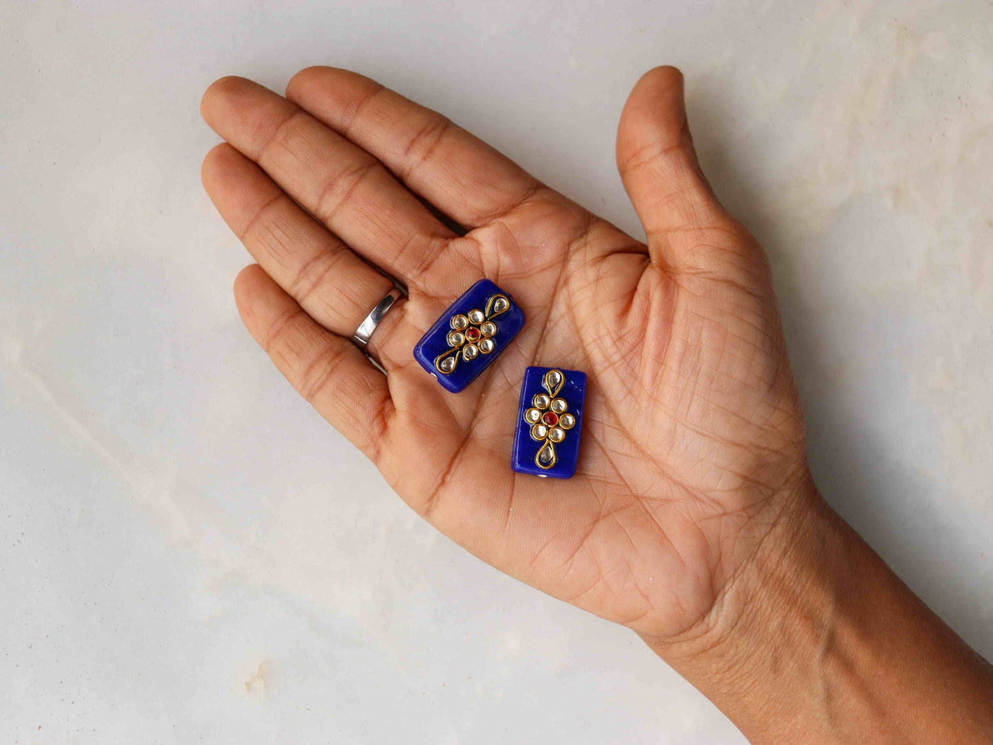 Blue Glass Kundan Indian Button,Blue White Kurta Button, Jaipur Kundan Charm,Indian Jewellery Ornament Trinket,Sherwani Button,2 pieces