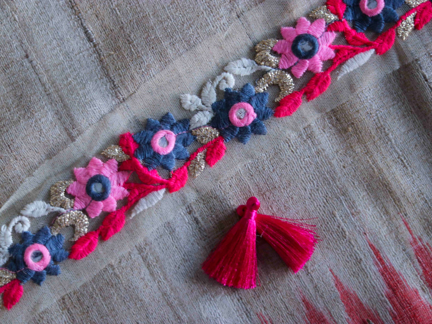 Pink Grey Floral Embroidered Trim,Pink Floral Net Border,Pink Mirror Sequin Net Lace,Indian Fabric Trim,Floral Saree Border,Price/mtr