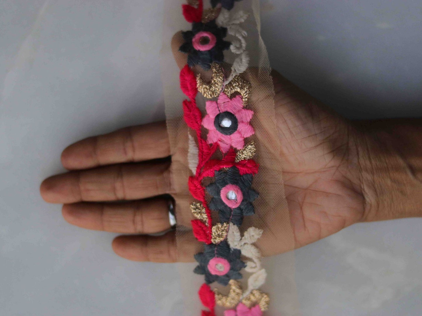 Pink Grey Floral Embroidered Trim,Pink Floral Net Border,Pink Mirror Sequin Net Lace,Indian Fabric Trim,Floral Saree Border,Price/mtr