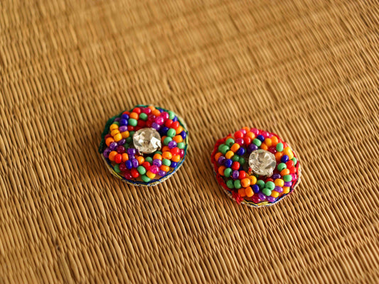 Multicolour Beaded Round Buttons,Handmade Colourful Bead Charms,Red Green Yellow Charm,Rainbow Seed Bead Buttons,2 pcs