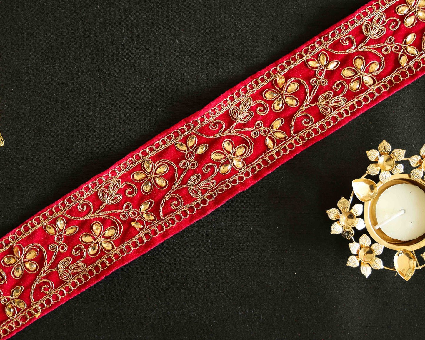 Pink Gold Velvet Floral Trim, Indian Embroidered Fabric Border, Pink Gold Floral Diamante Lace, Pink Saree Border, Price/mtr