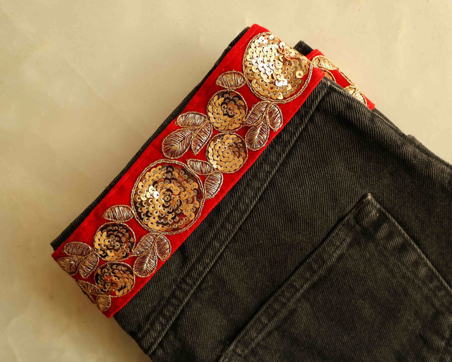 Red Gold Velvet Sequin Trim,Indian Embroidered Fabric Border,Red Gold Floral Sequin Lace,Red Saree Border,Price/mtr