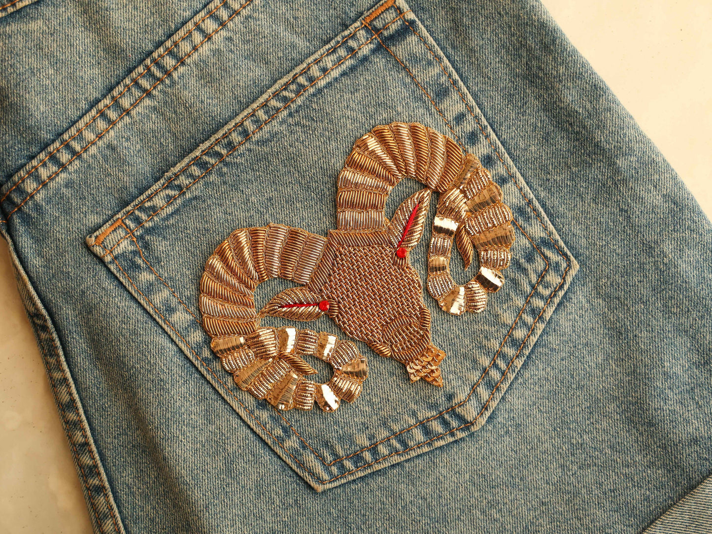 Aries Zodiac Gold Embroidered Patch,Handmade applique, Sun Sign Patch,Star Sign Applique, Ram Animal Patch,DIY Patch